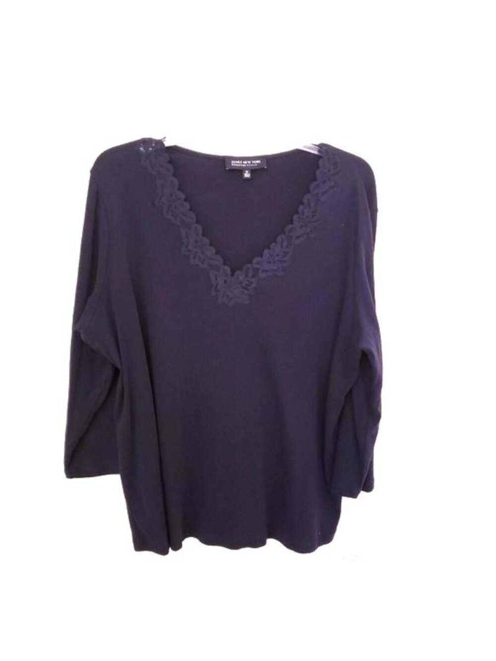 Jones New York Navy Blue Lace Trim 100% Cotton Ribbed Knit Pullover 2X